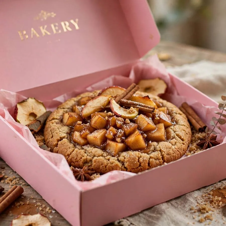 Apple Pie Crumbl Cookie in a pink bakery box Apple Pie Crumbl Cookie in a pink bakery box