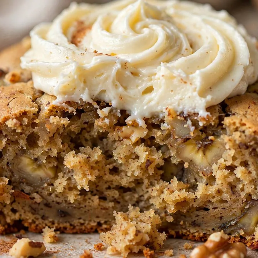 Moist banana bread crumb and cream cheese frosting detail on Banana Bread Crumbl Cookie