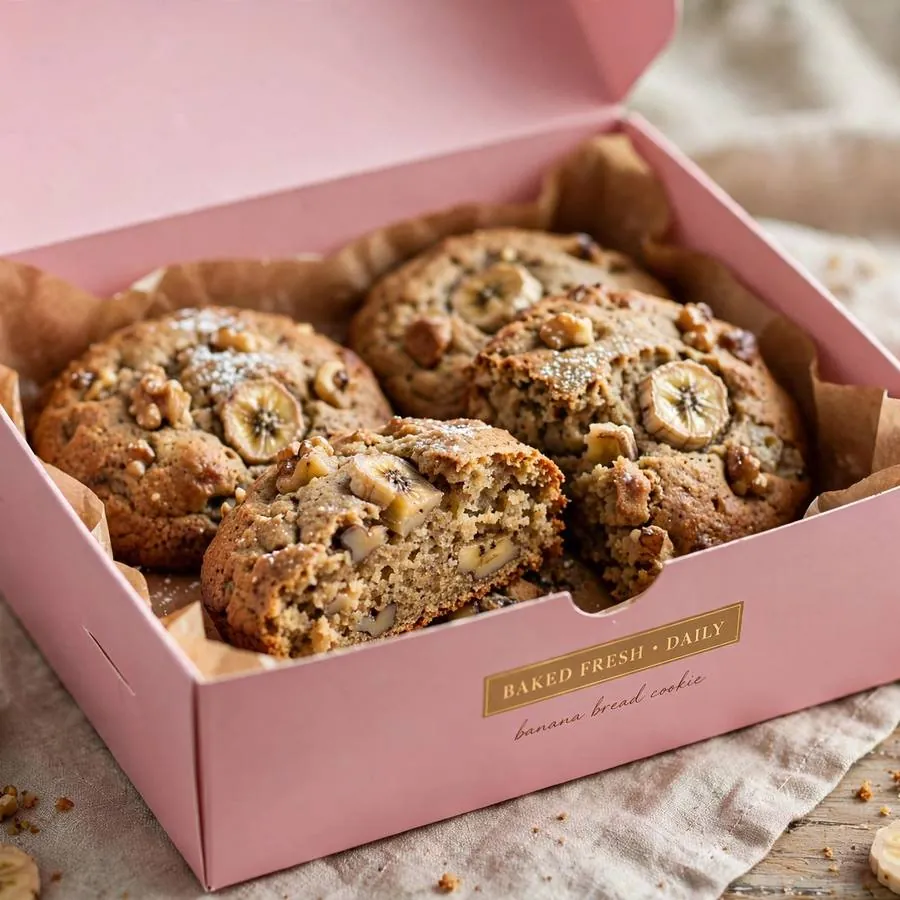 Banana bread cookie presented in a pink Crumbl bakery box
