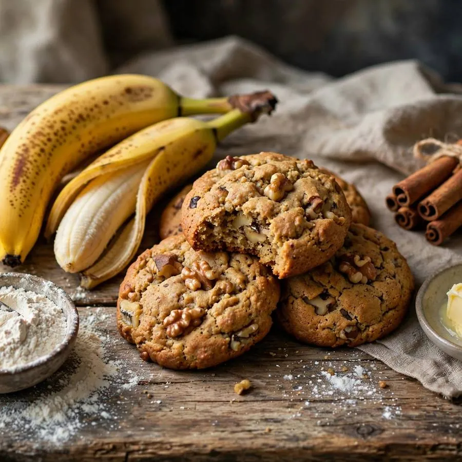 Banana bread cookie surrounded by ripe bananas, walnuts and cinnamon on a wooden table
