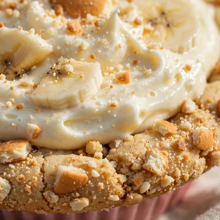 Extreme close-up of the Banana Cream Pie Crumbl Cookie showing banana cream topping over crushed wafer crust detail