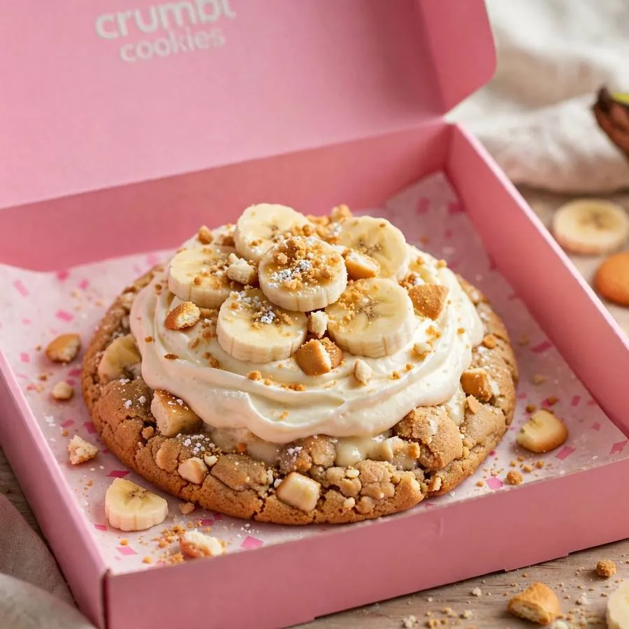Banana Cream Pie Crumbl Cookie served in a pink bakery box