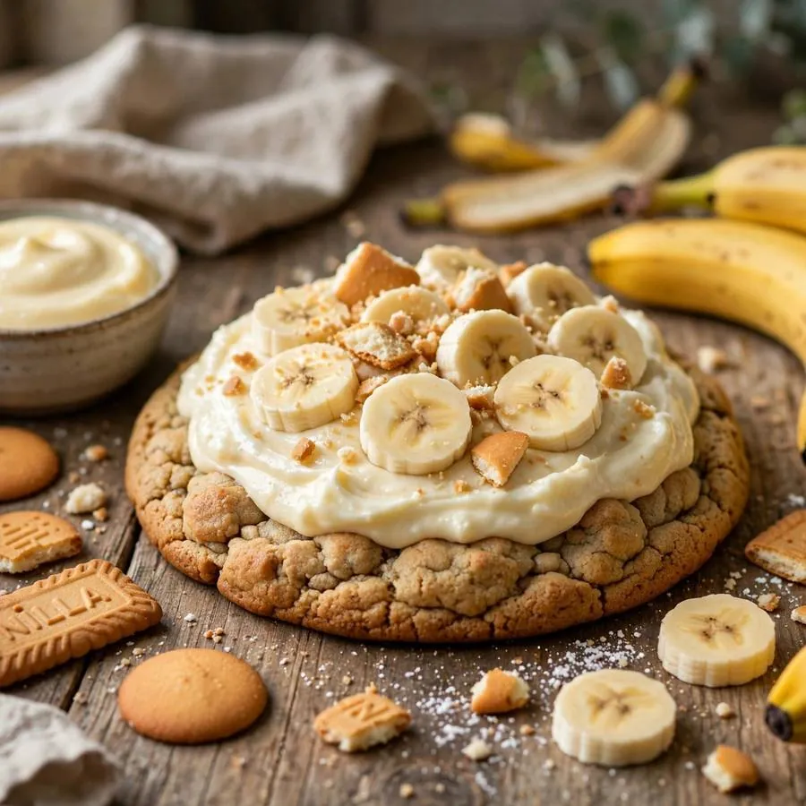 Banana Cream Pie Crumbl Cookie with fresh bananas, vanilla pudding and wafer cookies arranged on a rustic wooden table