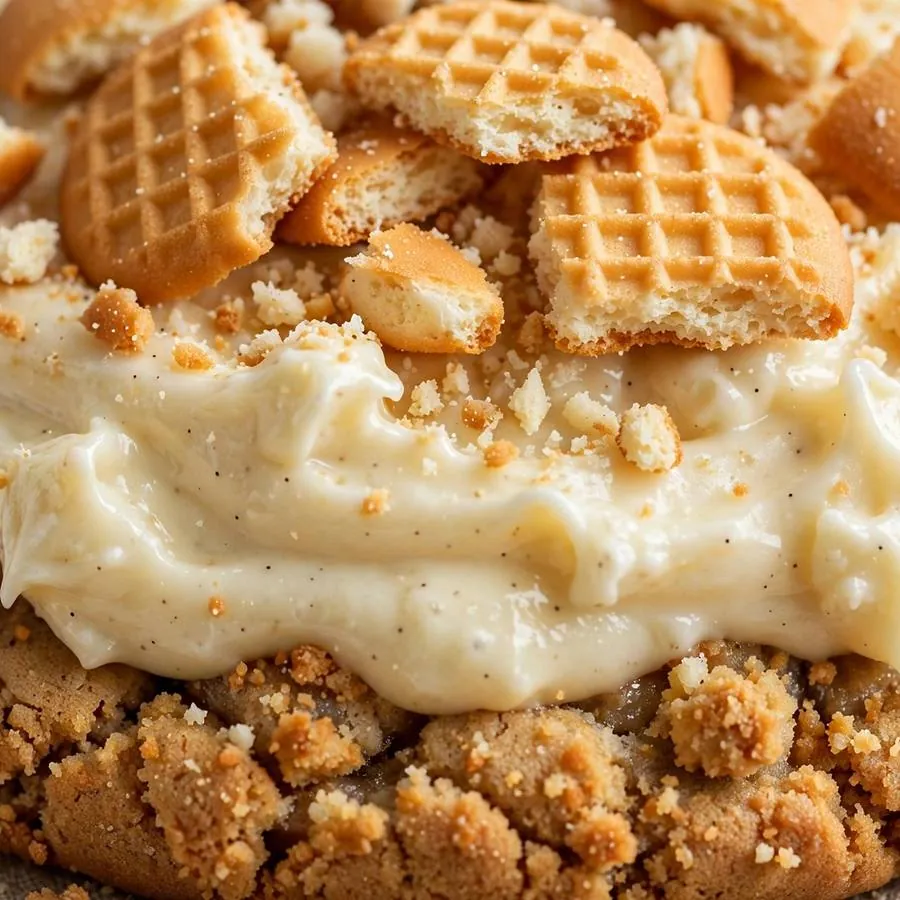 Banana pudding cream with vanilla wafer pieces on the cookie Banana pudding cream with vanilla wafer pieces on the cookie