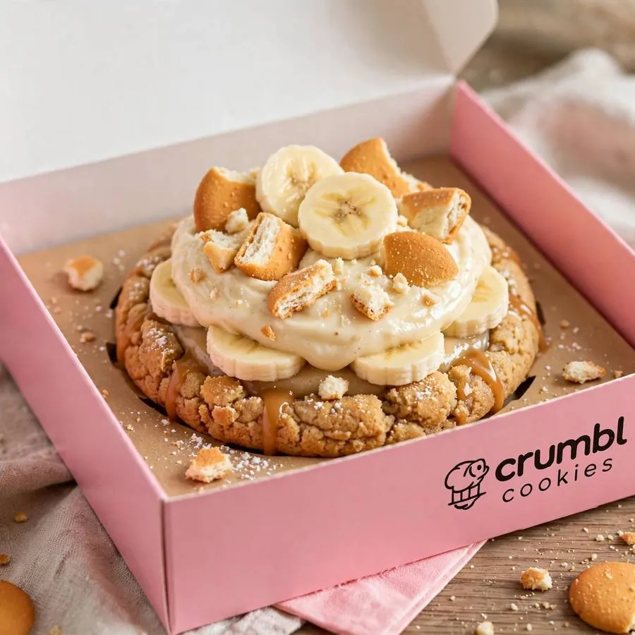 Banana Pudding cookie in a pink bakery box Banana Pudding cookie in a pink bakery box