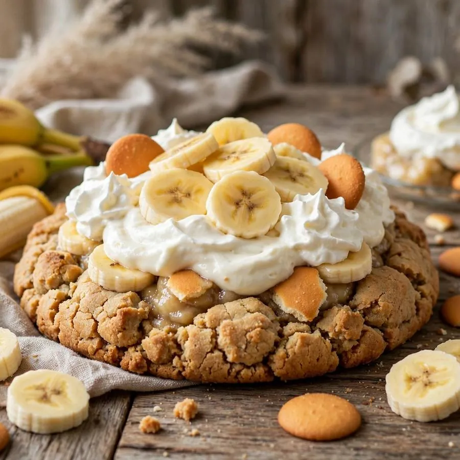 Banana Pudding cookie with fresh bananas and vanilla wafers on a wooden table Banana Pudding cookie with fresh bananas and vanilla wafers on a wooden table