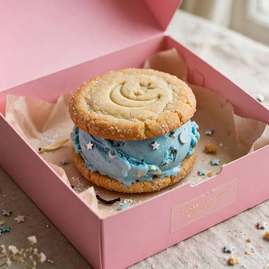 Moonbeam ice cream cookie presented in a pink Crumbl bakery box