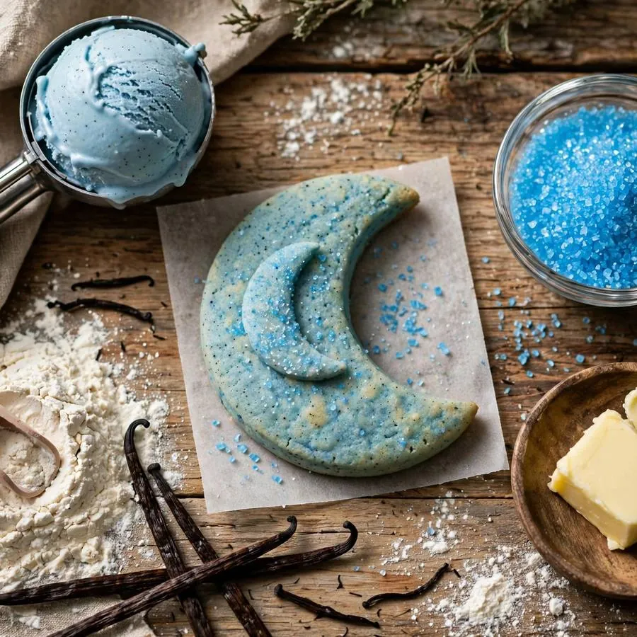 Moonbeam cookie with ice cream scoop, vanilla beans and blue sugar crystals on a wooden table