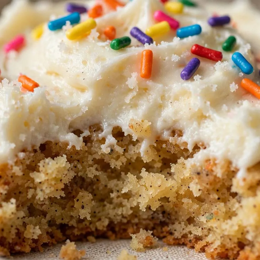 Extreme close-up of vanilla frosting swirls and rainbow sprinkles on a birthday cake cookie