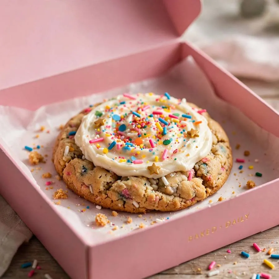 Birthday cake cookie served in a pink bakery box