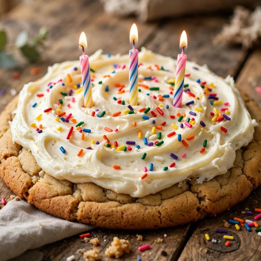 Birthday cake cookie beside vanilla frosting, rainbow sprinkles and birthday candles on a wooden table