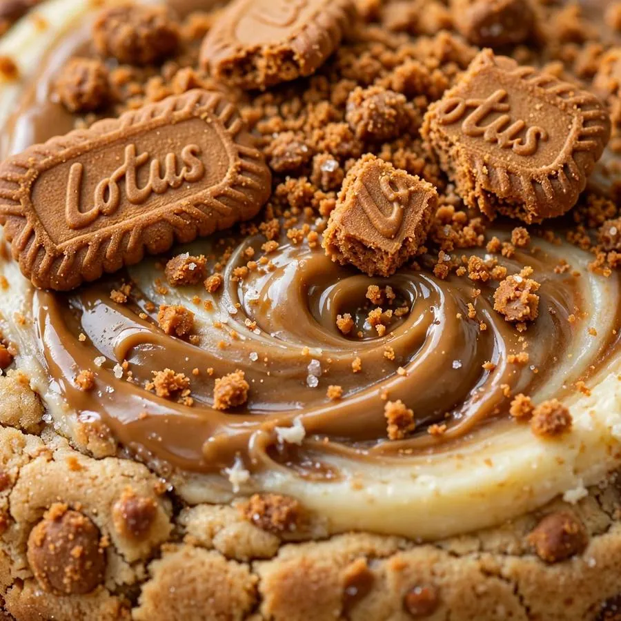 Extreme close-up of the Biscoff Crumbl Cheesecake cookie showing caramelized Biscoff cookie-butter swirl and crumb topping detail