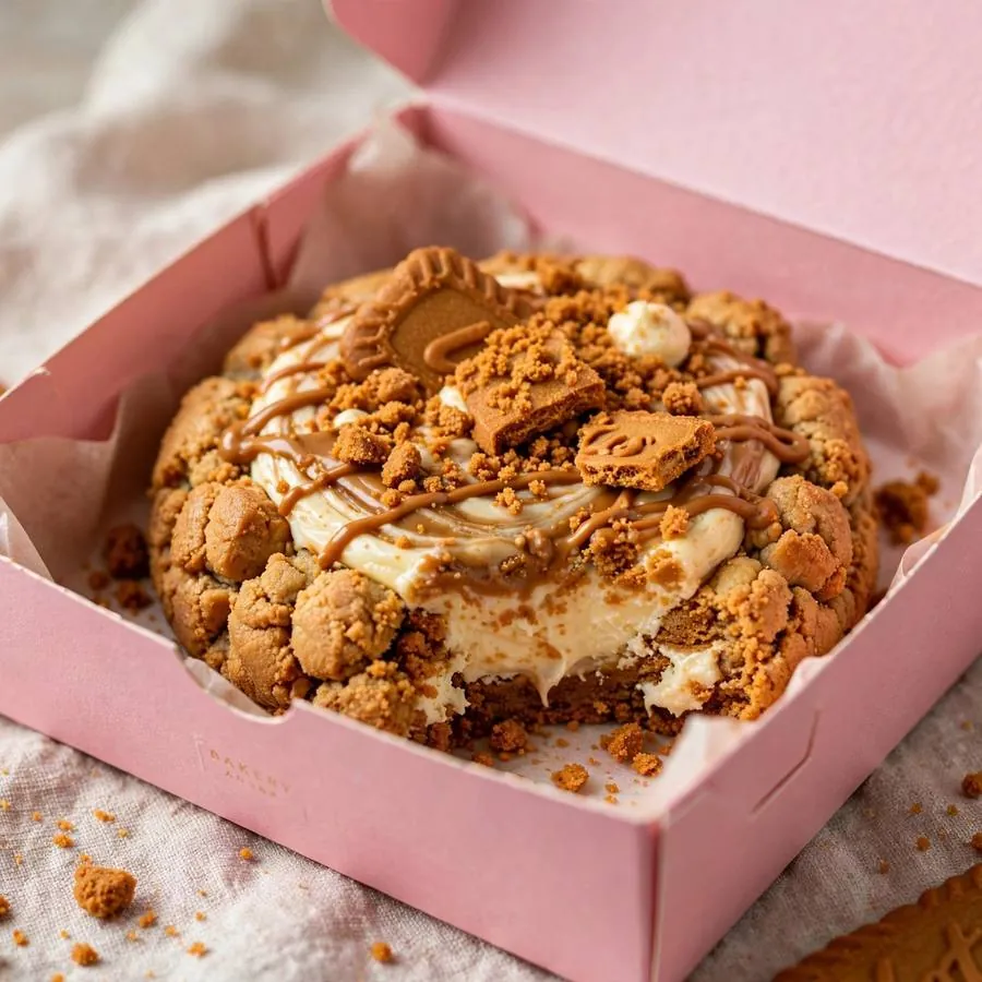 Biscoff Crumbl Cheesecake cookie served in a pink bakery box