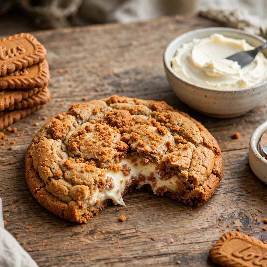 Biscoff Crumbl Cheesecake cookie with Biscoff cookies, cream cheese and butter arranged on a rustic wooden table