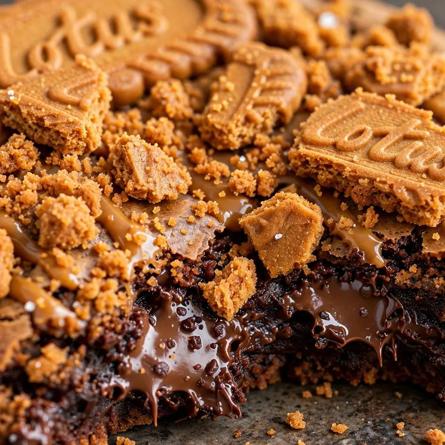 Crunchy Biscoff cookie crumbles scattered over a fudgy chocolate brownie