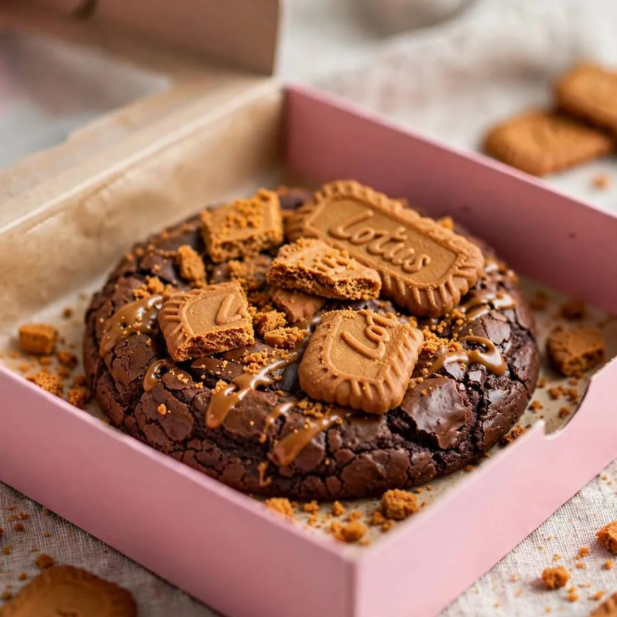 Biscoff Crunch Brownie cookie presented in a pink bakery box