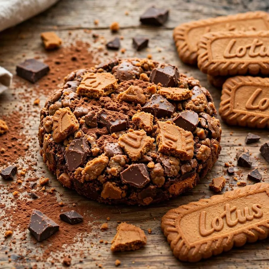 Biscoff Crunch Brownie cookie with Biscoff cookies, cocoa and chocolate chunks on a wooden table
