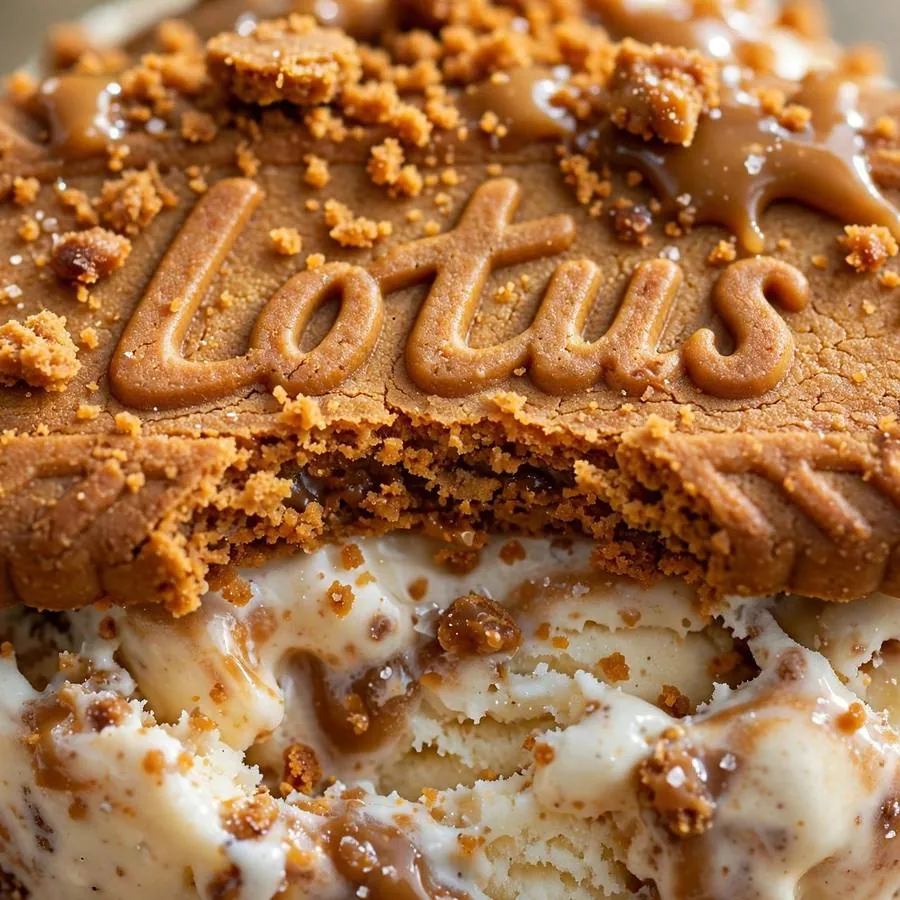 Extreme close-up of Biscoff cookie crumbles and swirled vanilla ice cream on top of the cookie