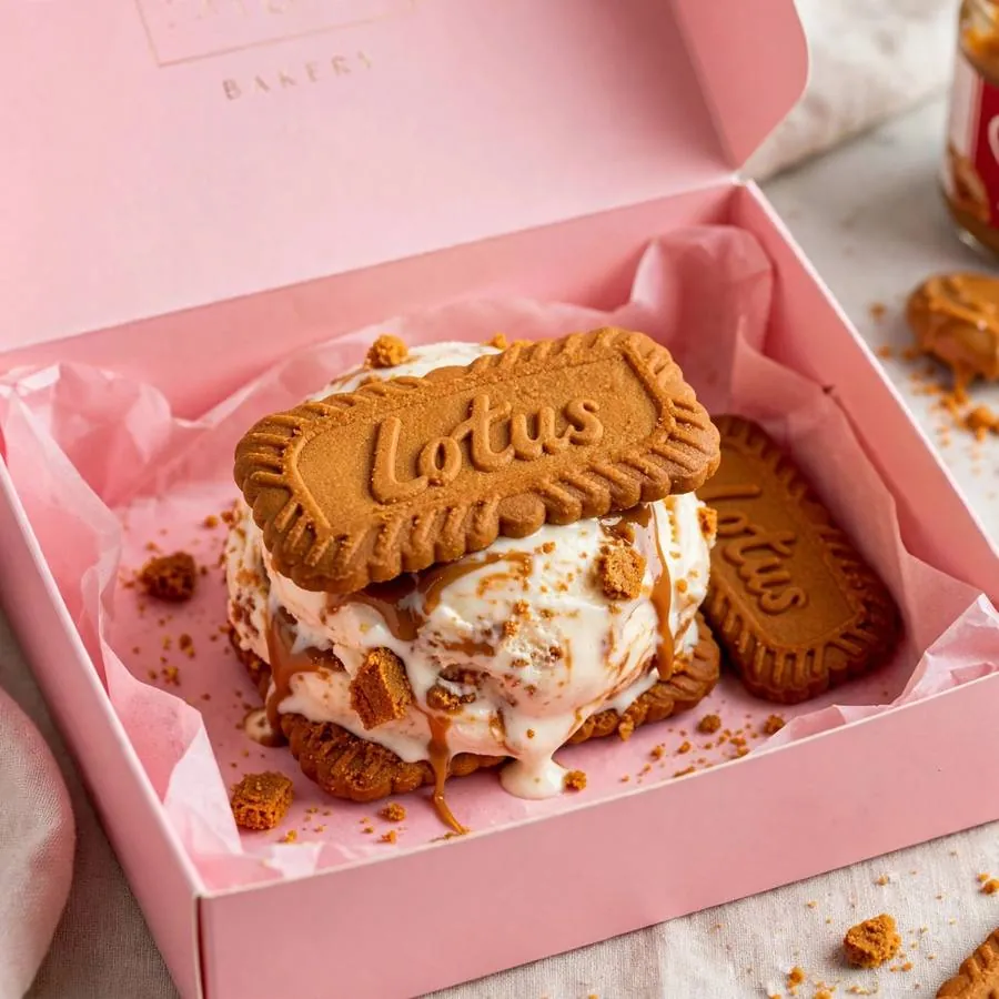 Biscoff ice cream cookie presented in a pink bakery box
