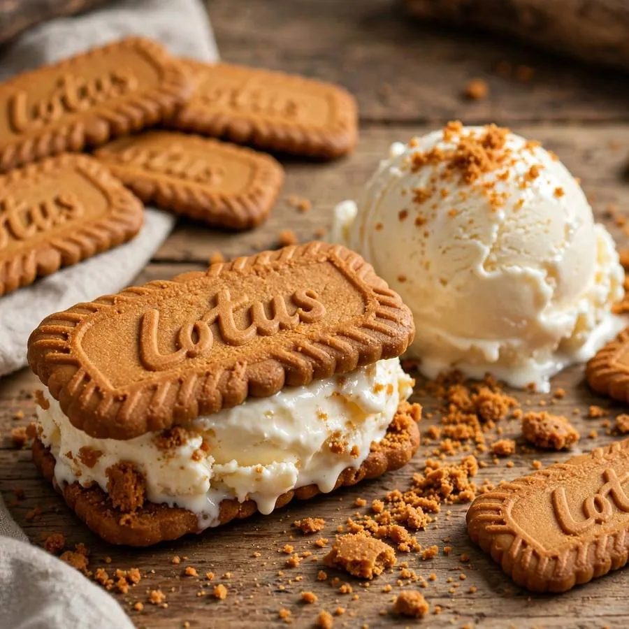 Biscoff ice cream cookie beside Biscoff biscuits, a scoop of vanilla ice cream and cookie crumbs on a wooden table
