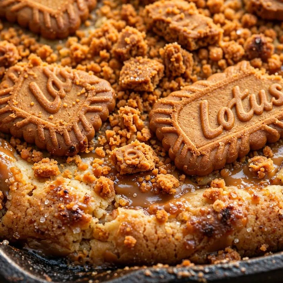 Caramelized Biscoff crumb topping on Biscoff Skillet Cookie