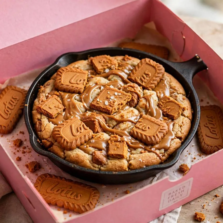 Biscoff Skillet Cookie in a pink bakery box