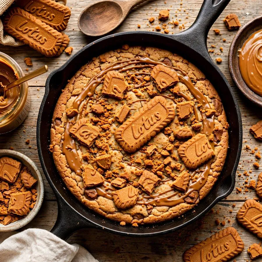 Biscoff Skillet Cookie with Biscoff spread, crushed Lotus Biscoff cookies and cookie butter