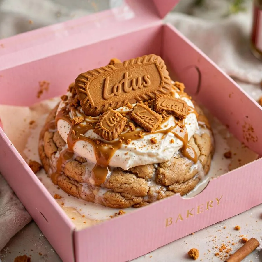 Biscoff tres leches cake cookie presented in a pink Crumbl bakery box Biscoff tres leches cake cookie presented in a pink Crumbl bakery box
