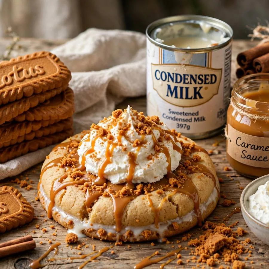 Biscoff tres leches cookie with Lotus Biscoff cookies, condensed milk and caramel on a wooden table Biscoff tres leches cookie with Lotus Biscoff cookies, condensed milk and caramel on a wooden table