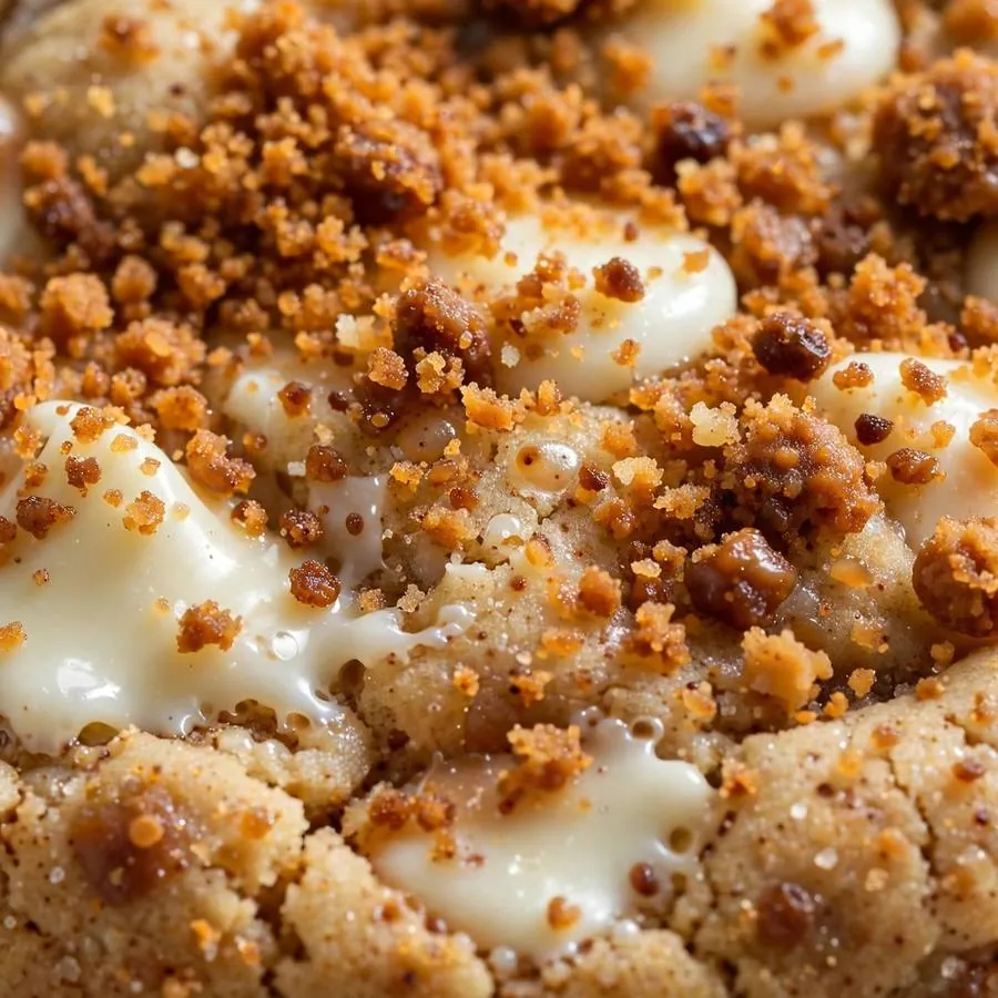 Extreme close-up of the Biscoff White Chip Crumbl Cookie showing white chocolate chips and caramelized Biscoff crumb topping detail Extreme close-up of the Biscoff White Chip Crumbl Cookie showing white chocolate chips and caramelized Biscoff crumb topping detail