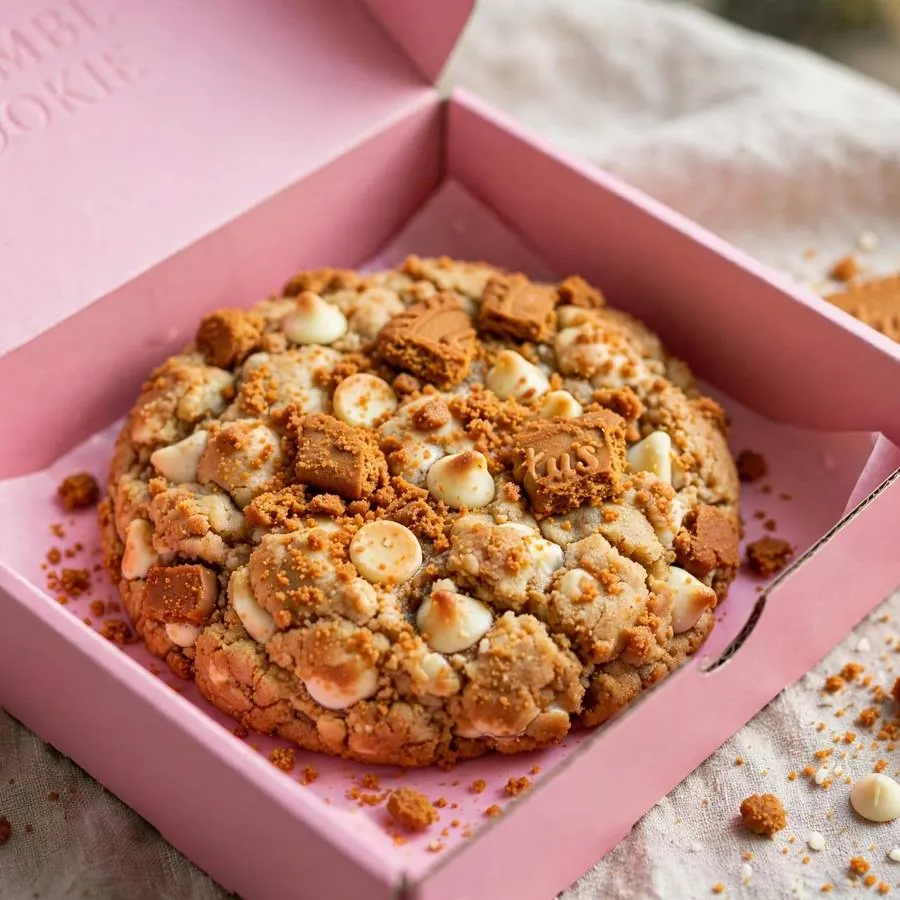 Biscoff White Chip Crumbl Cookie served in a pink bakery box Biscoff White Chip Crumbl Cookie served in a pink bakery box