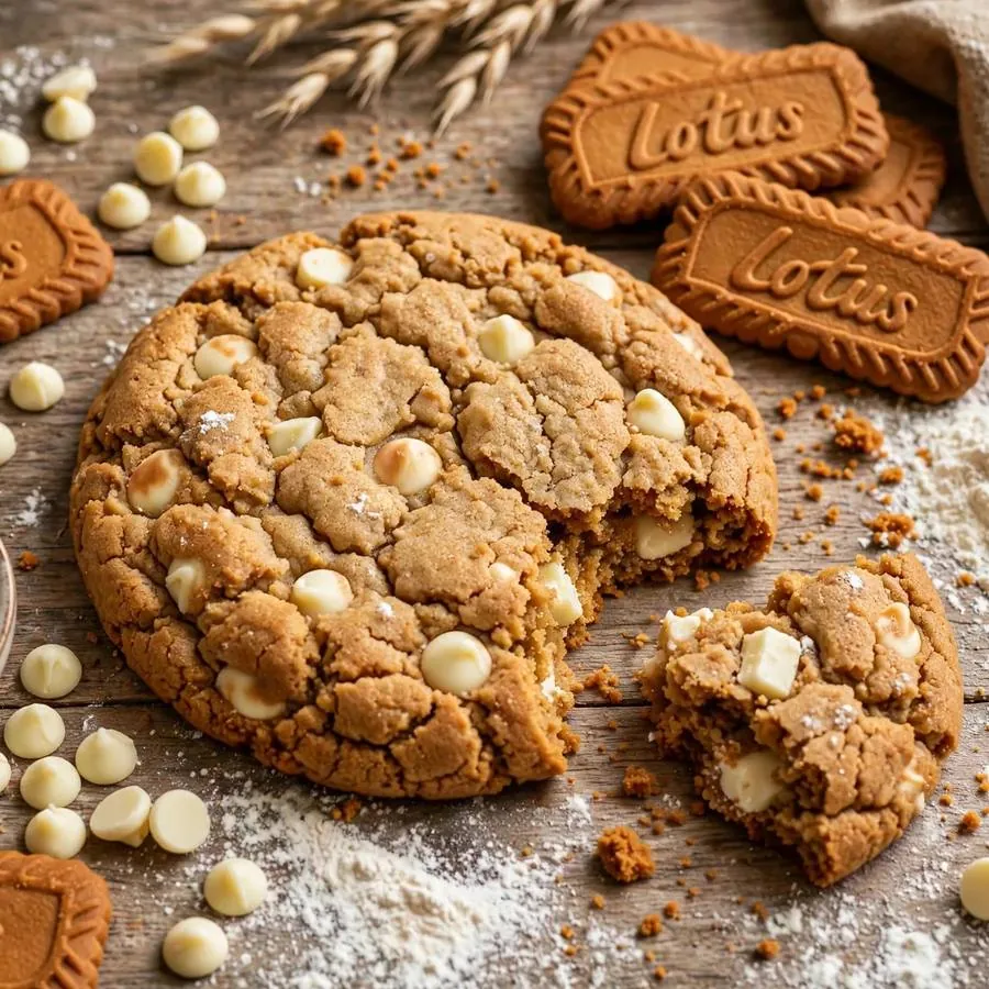 Biscoff White Chip Crumbl Cookie with Biscoff cookies, white chocolate chips and flour arranged on a rustic wooden table Biscoff White Chip Crumbl Cookie with Biscoff cookies, white chocolate chips and flour arranged on a rustic wooden table