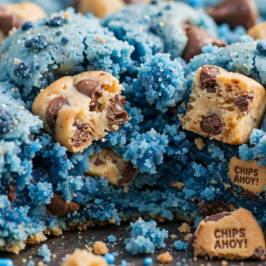 Chunks of Chips Ahoy cookies embedded in a vibrant blue monster cookie Chunks of Chips Ahoy cookies embedded in a vibrant blue monster cookie