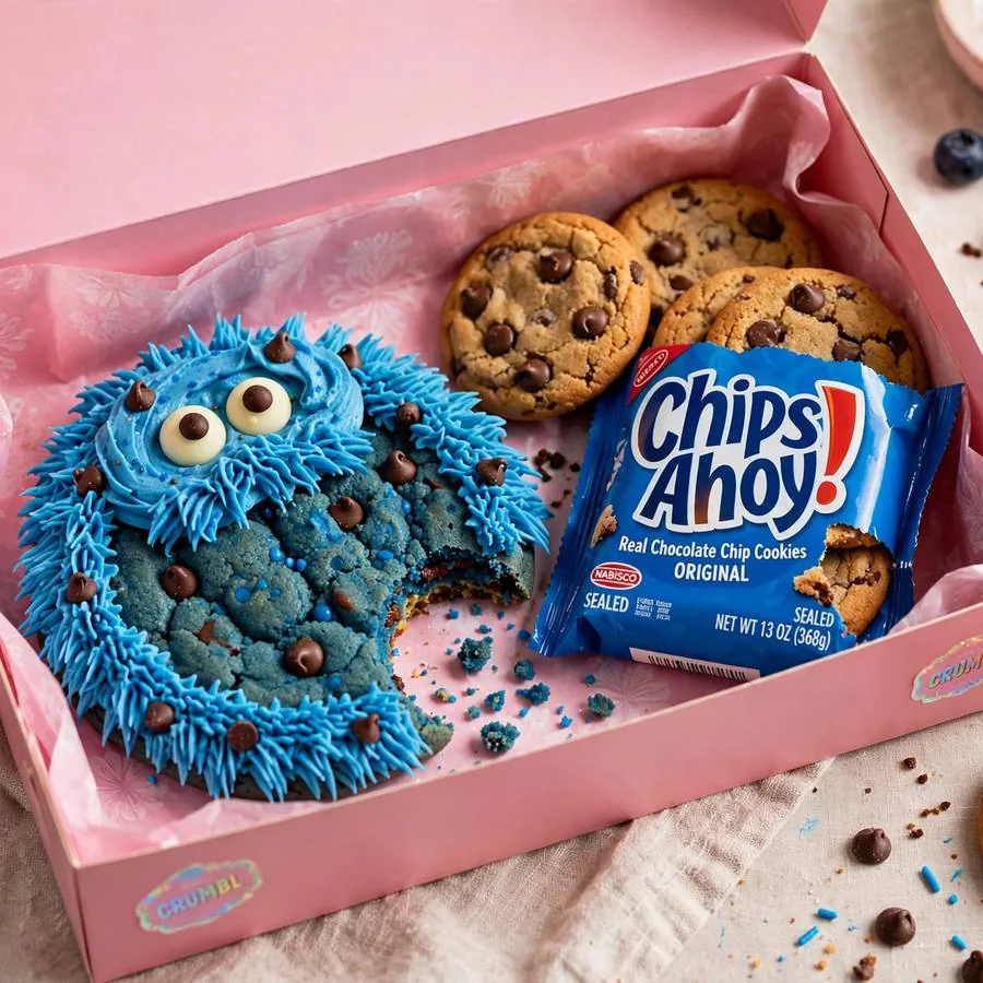 Blue Monster cookie with Chips Ahoy pieces in a pink bakery box Blue Monster cookie with Chips Ahoy pieces in a pink bakery box
