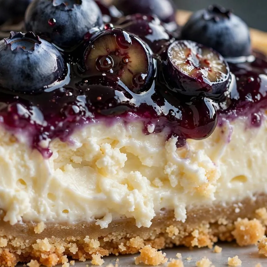 Glossy blueberry topping over creamy cheesecake filling on the cookie