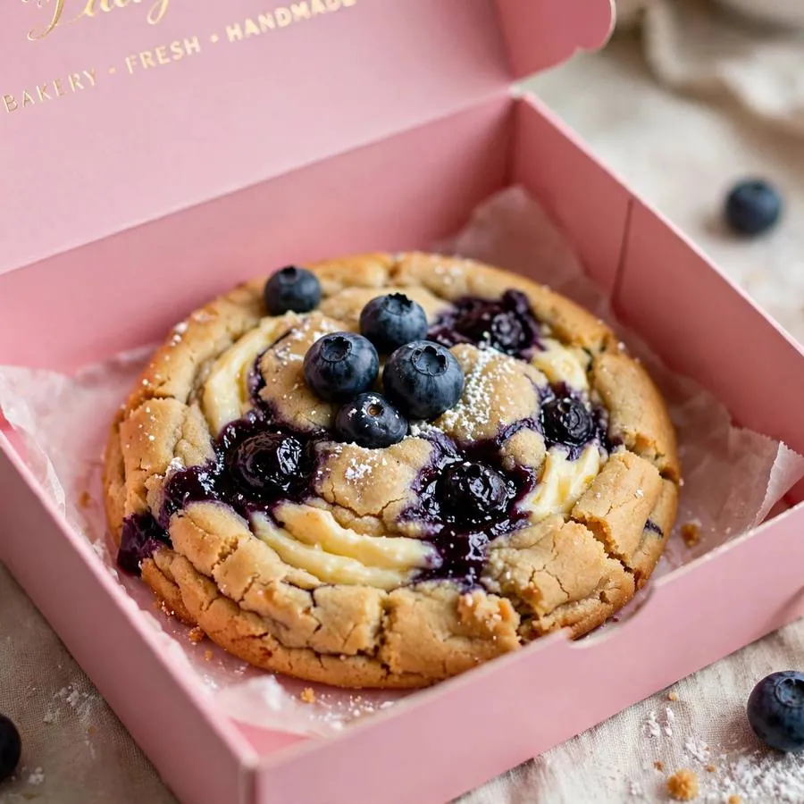 Blueberry cheesecake cookie presented in a pink Crumbl bakery box
