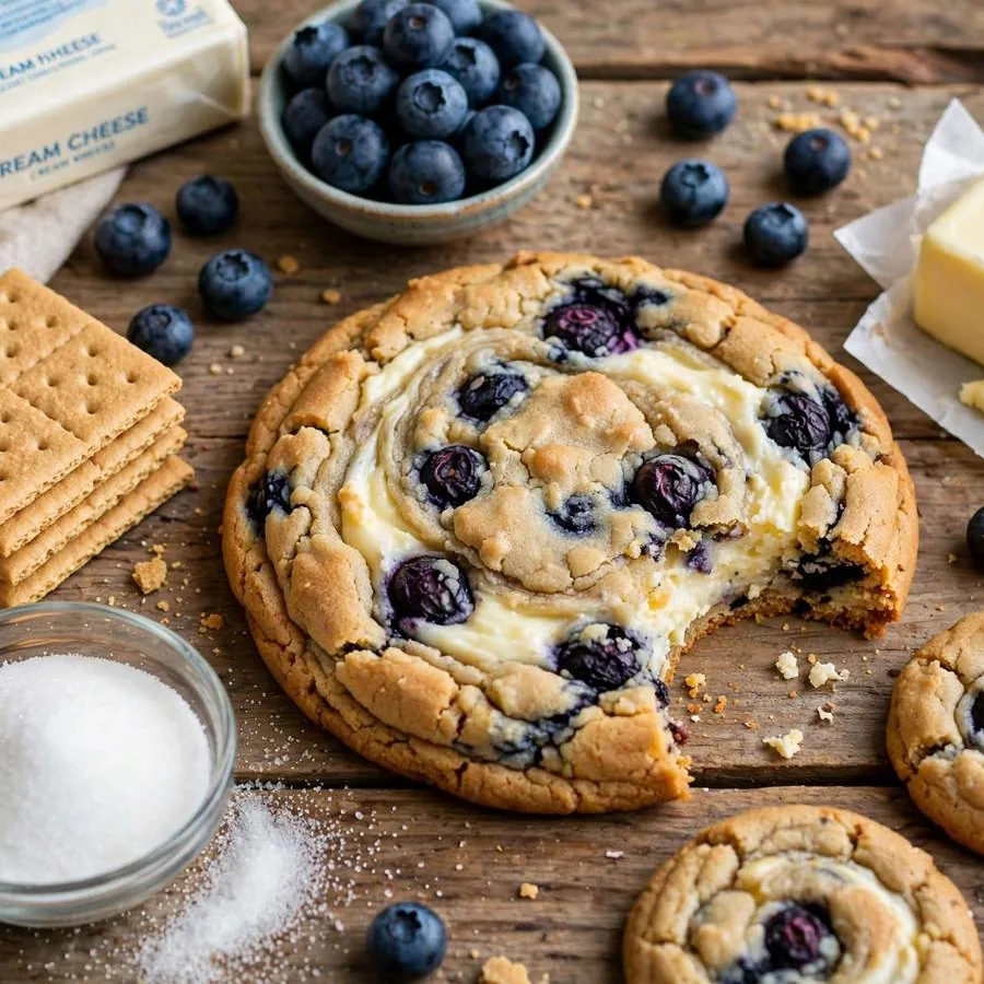 Blueberry cheesecake cookie with fresh blueberries, cream cheese and graham crackers on a wooden table