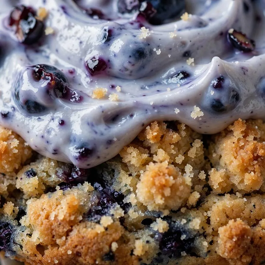 Extreme close-up of the Blueberry Muffin Crumbl Cookie showing blueberry cream topping with muffin crumb detail