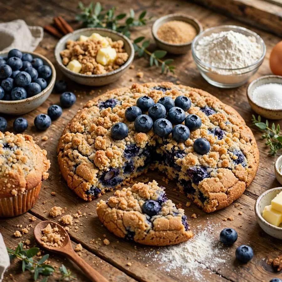 Blueberry Muffin Crumbl Cookie with fresh blueberries, streusel crumb and muffin mix arranged on a rustic wooden table