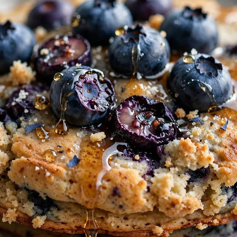 Extreme close-up of blueberry topping and maple syrup glaze on a pancake-style cookie