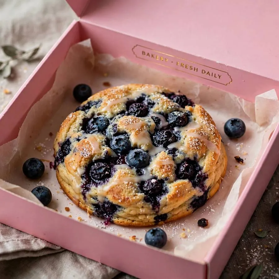 Blueberry pancake cookie served in a pink bakery box
