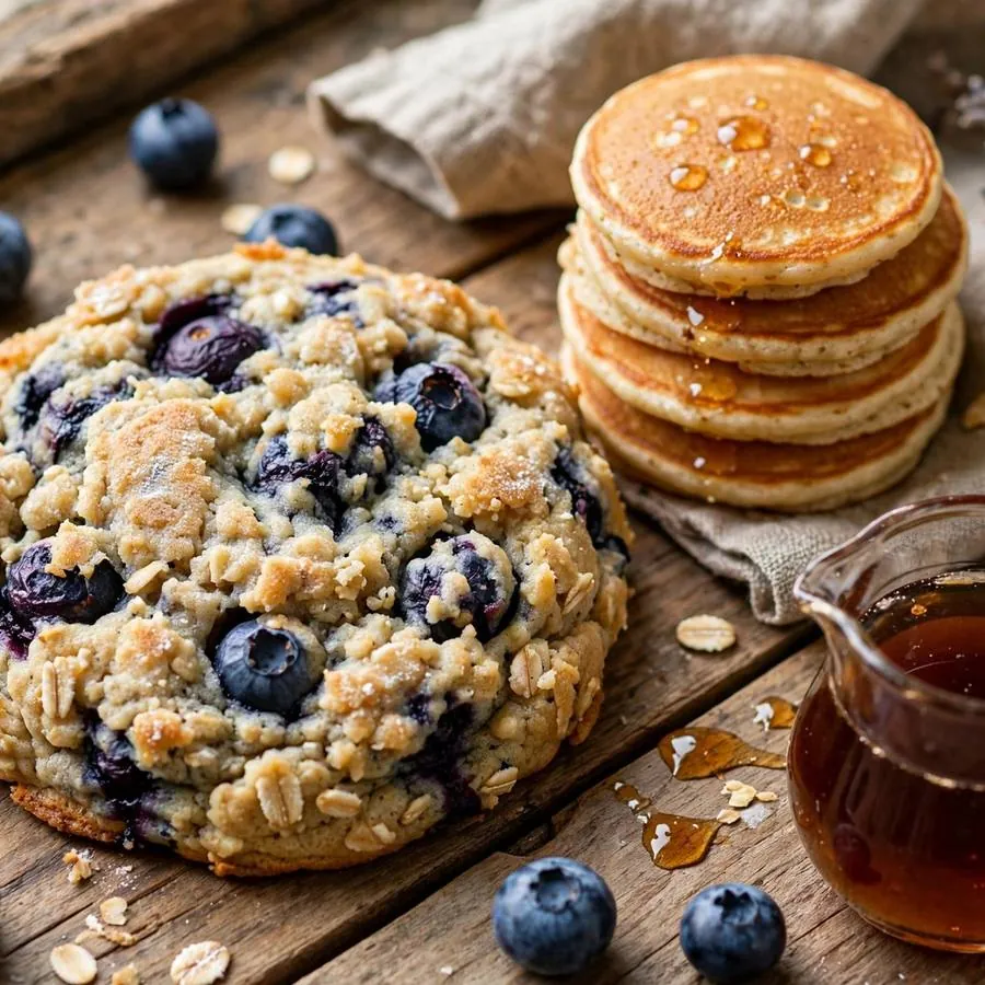 Blueberry pancake cookie beside fresh blueberries, mini pancakes and a pitcher of maple syrup on a wooden table