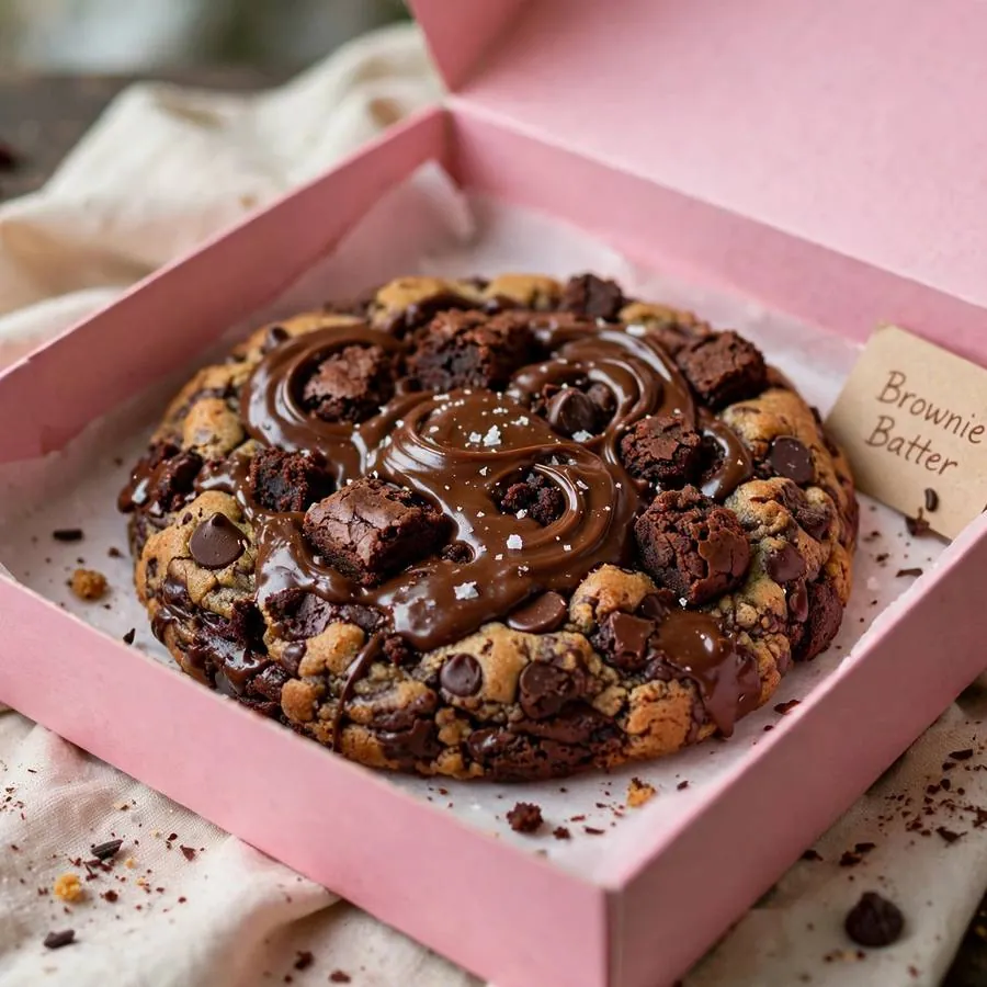 Brownie Batter cookie in a pink bakery box