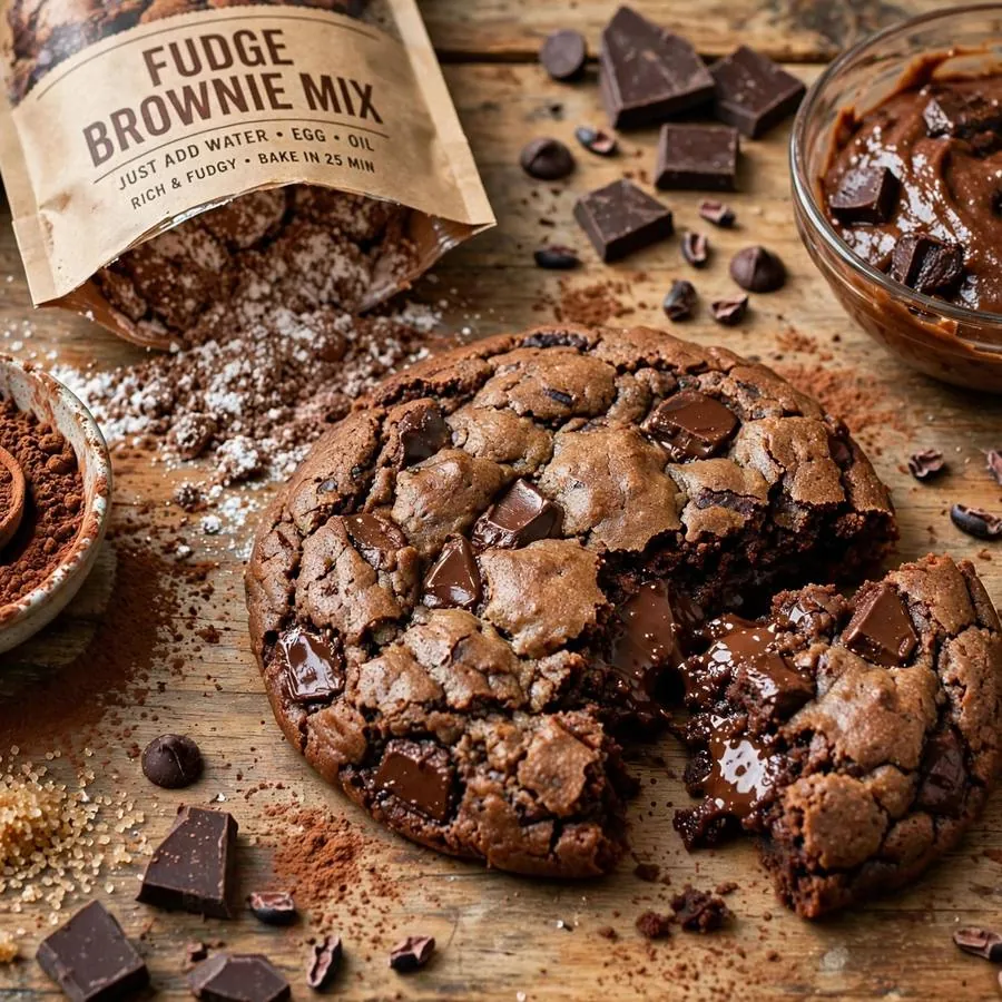 Brownie Batter cookie with brownie mix, chocolate chunks and cocoa on a wooden table