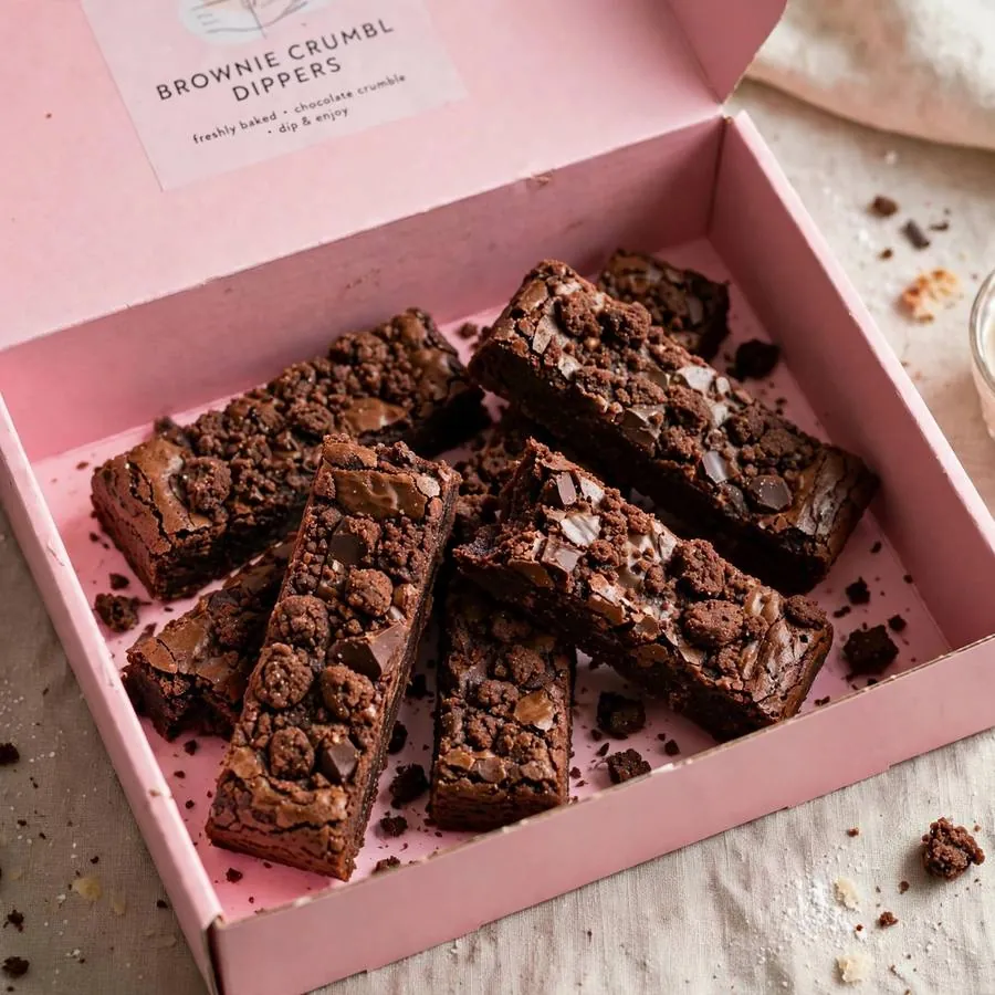 Brownie Crumbl Dippers in a pink bakery box