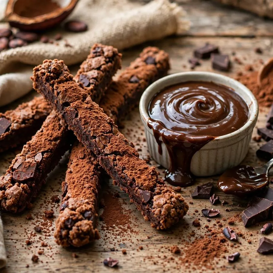 Brownie Crumbl Dippers with dark chocolate, cocoa powder and fudge dipping sauce