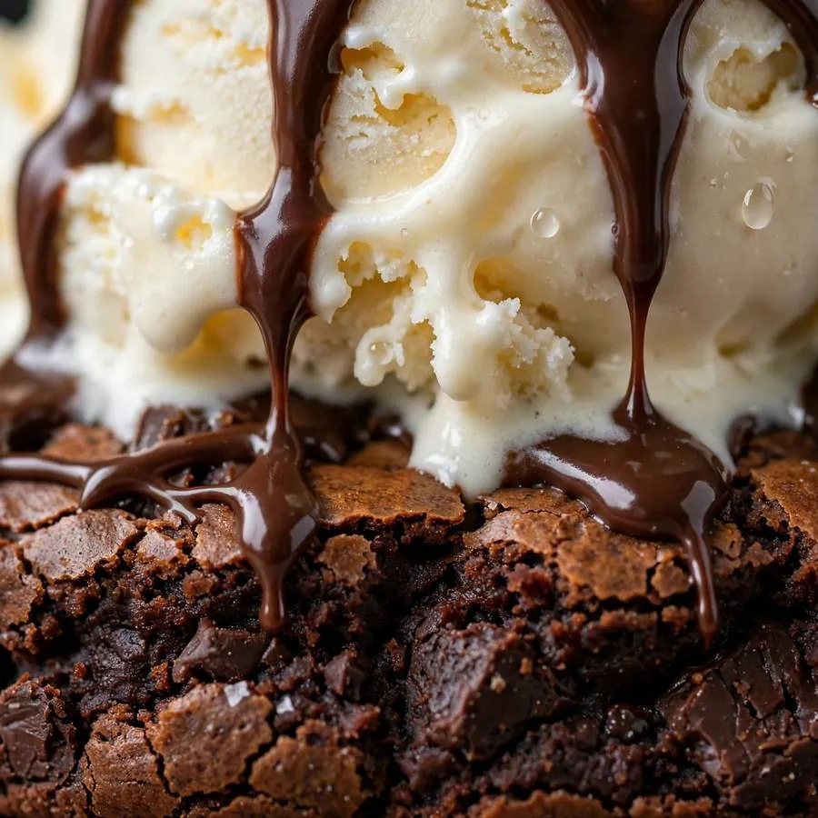 Extreme close-up of vanilla ice cream scoop and chocolate fudge drizzle on a warm brownie cookie