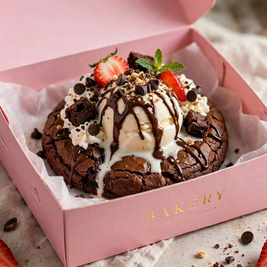 Brownie sundae cookie served in a pink bakery box