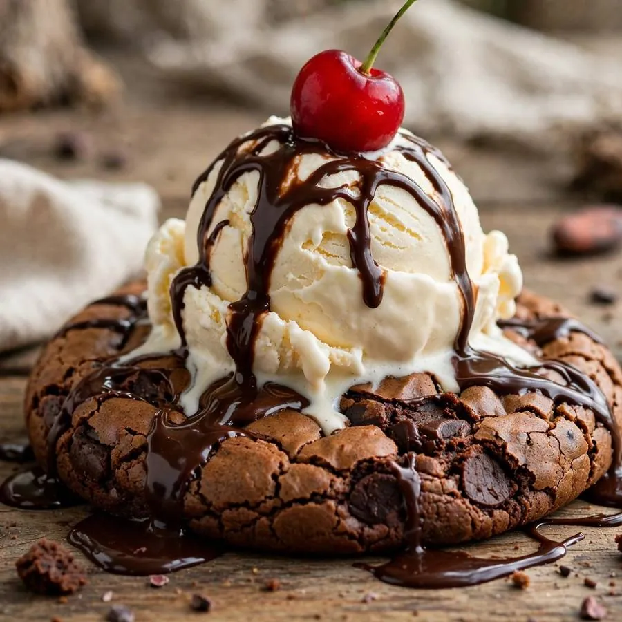 Brownie sundae cookie beside vanilla ice cream, chocolate fudge sauce and a cherry on a wooden table