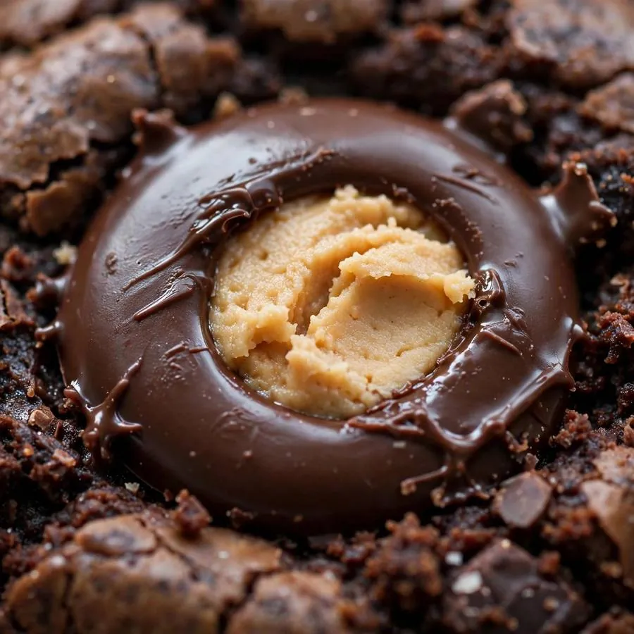 Chocolate-dipped peanut butter buckeye center on fudgy brownie cookie